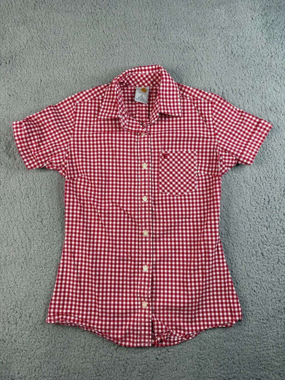 Carhartt Button Down Shirt Women Small(4/6) Red White Gingham Plaid Short Sleeve